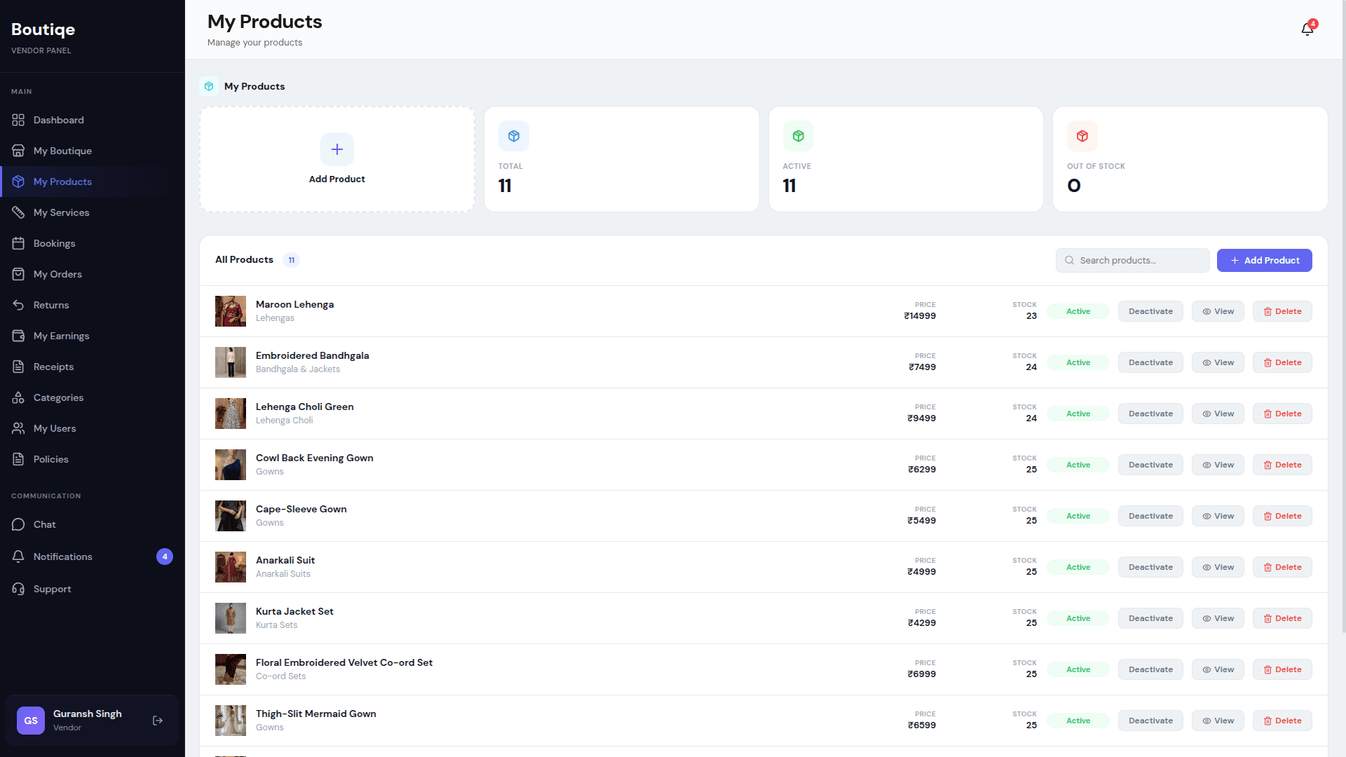 The vendor panel's product list, running on the web