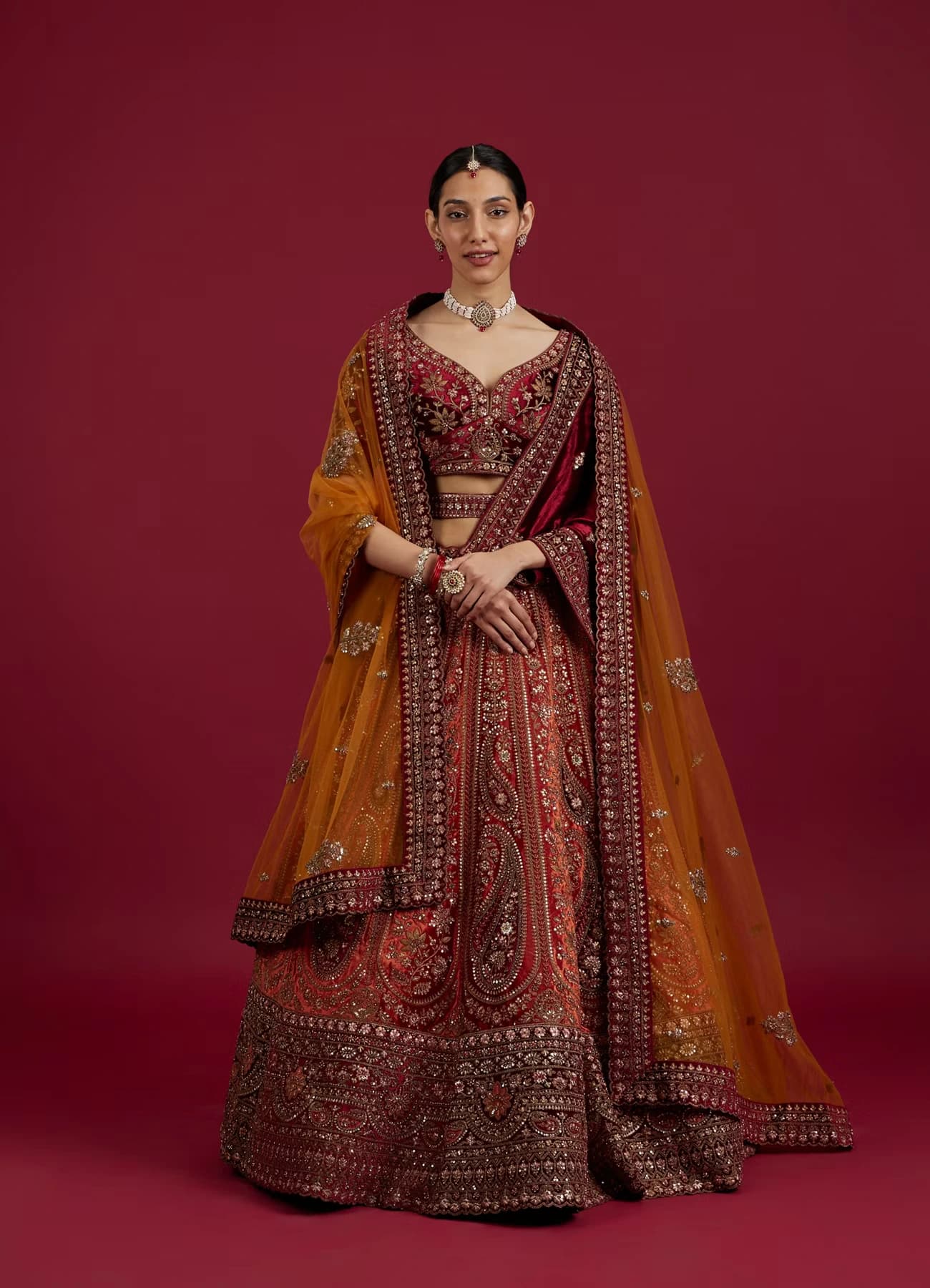 Cherry red and Sunrise Orange Rhinestone Work Bridal Lehenga